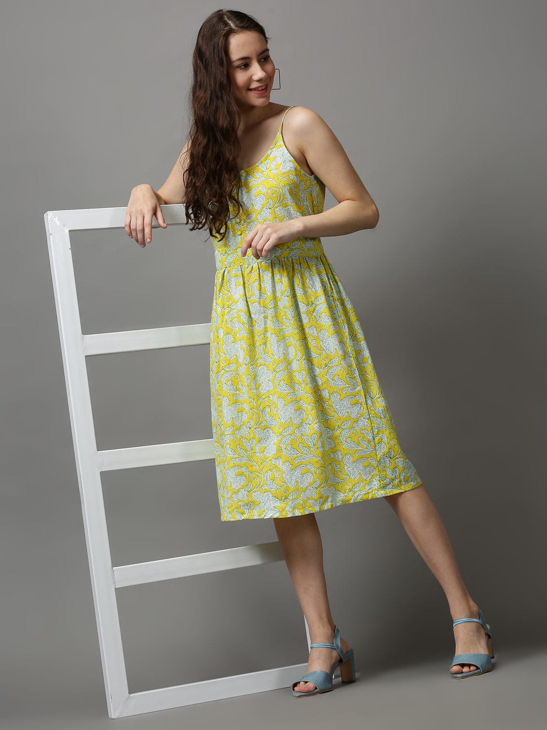 Women's Shoulder Straps Printed Fit and Flare Yellow Dress