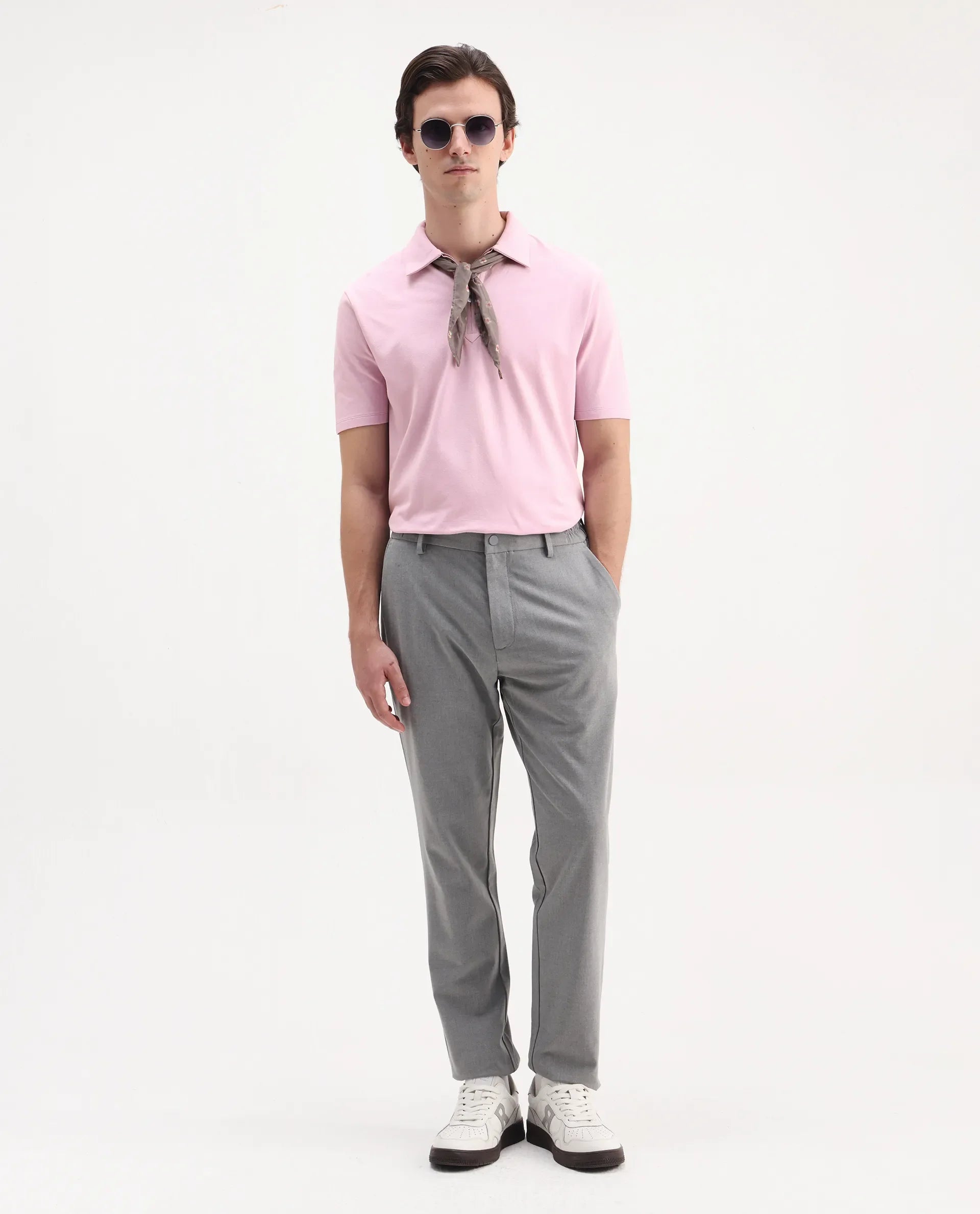 Rare Rabbit Men's Ski Light Pink Cotton Plain Regular Fit Half Sleeve Polo