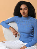 Women's Blue Solid Knits High Neck Acrylic Top