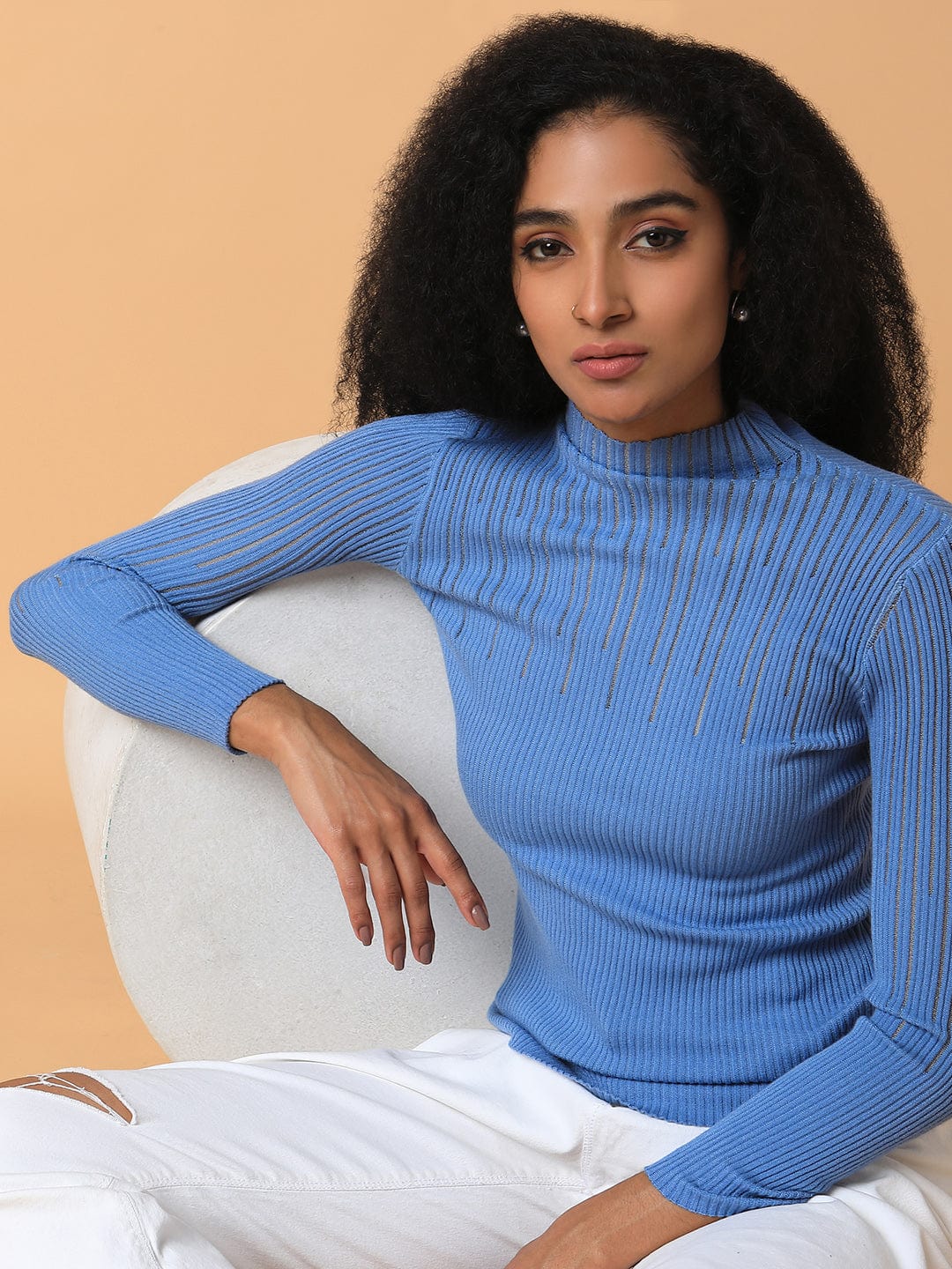 Women's Blue Solid Knits High Neck Acrylic Top