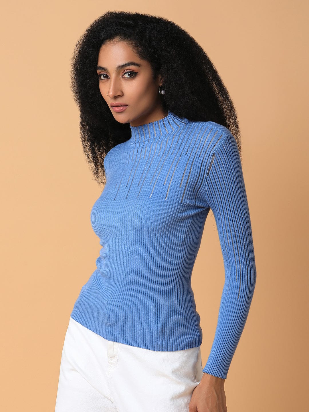 Women's Blue Solid Knits High Neck Acrylic Top