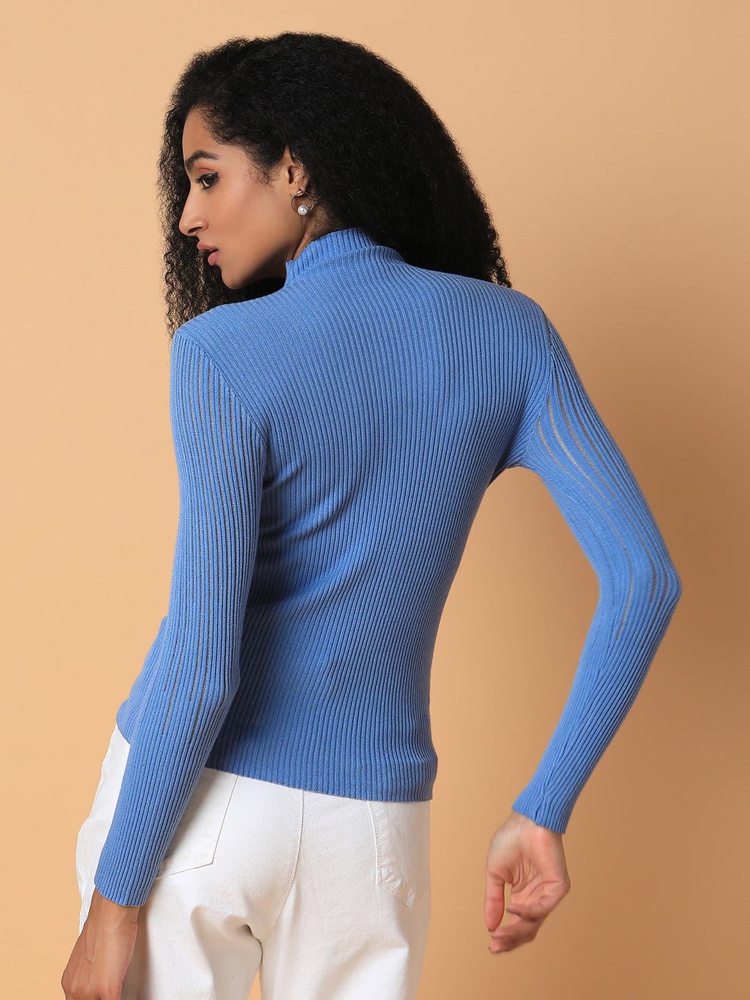 Women's Blue Solid Knits High Neck Acrylic Top