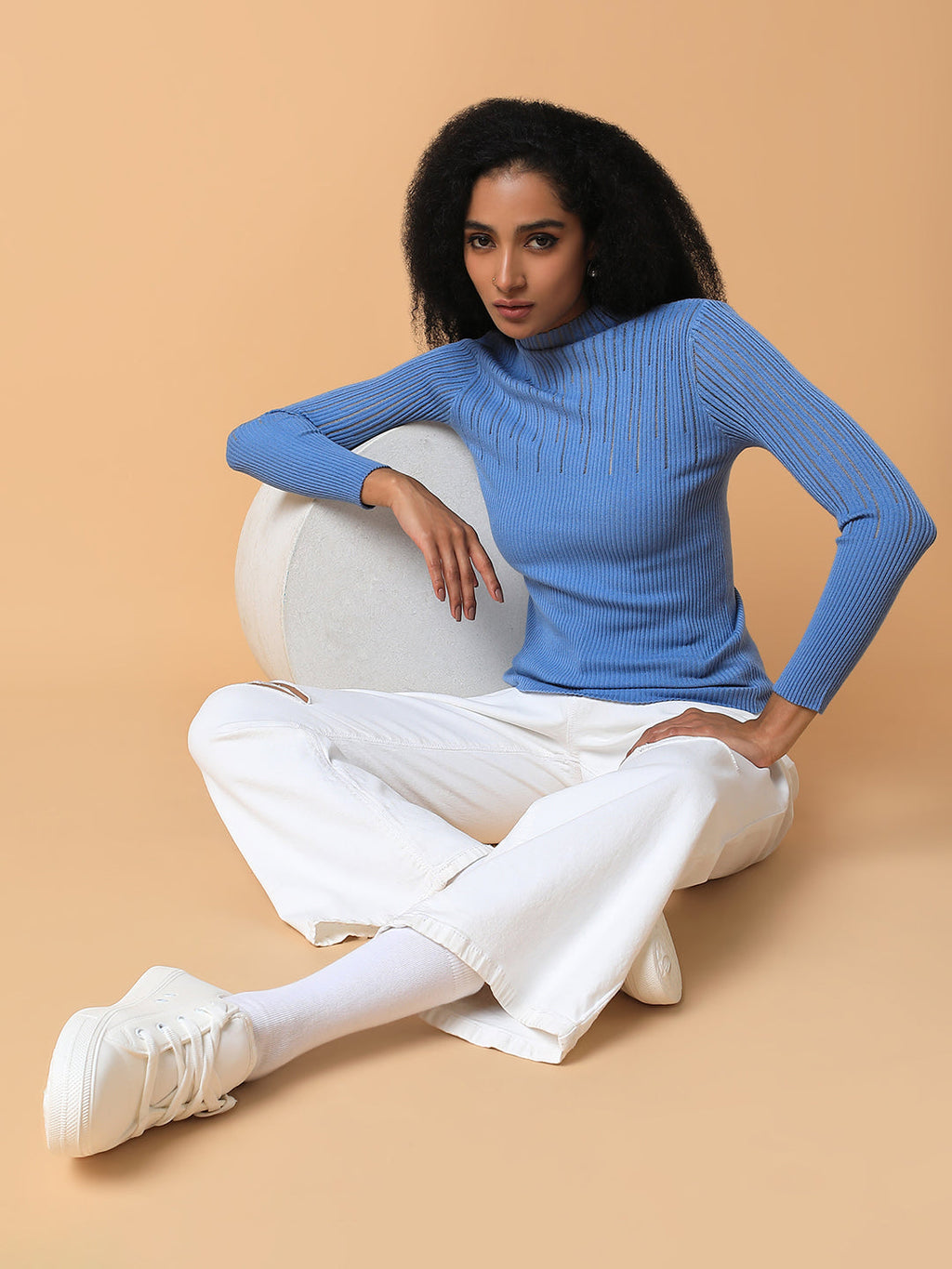 Women's Blue Solid Knits High Neck Acrylic Top