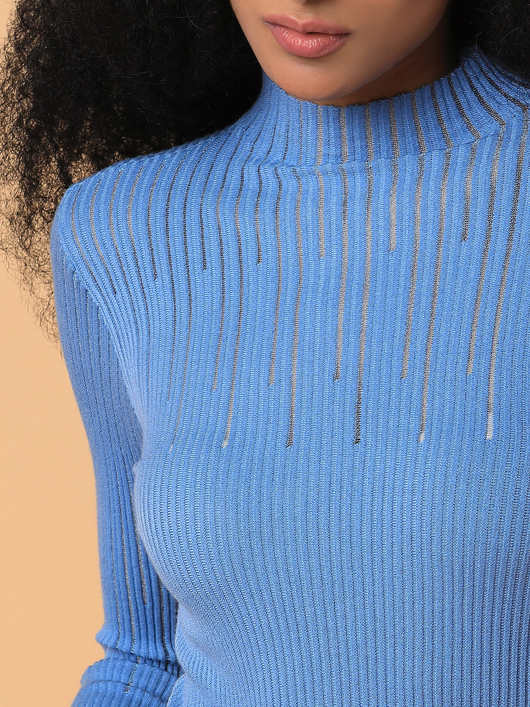 Women's Blue Solid Knits High Neck Acrylic Top