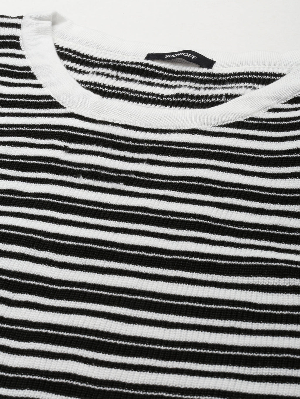 Women's Round Neck Striped Regular Sleeves Fitted White Crop Top