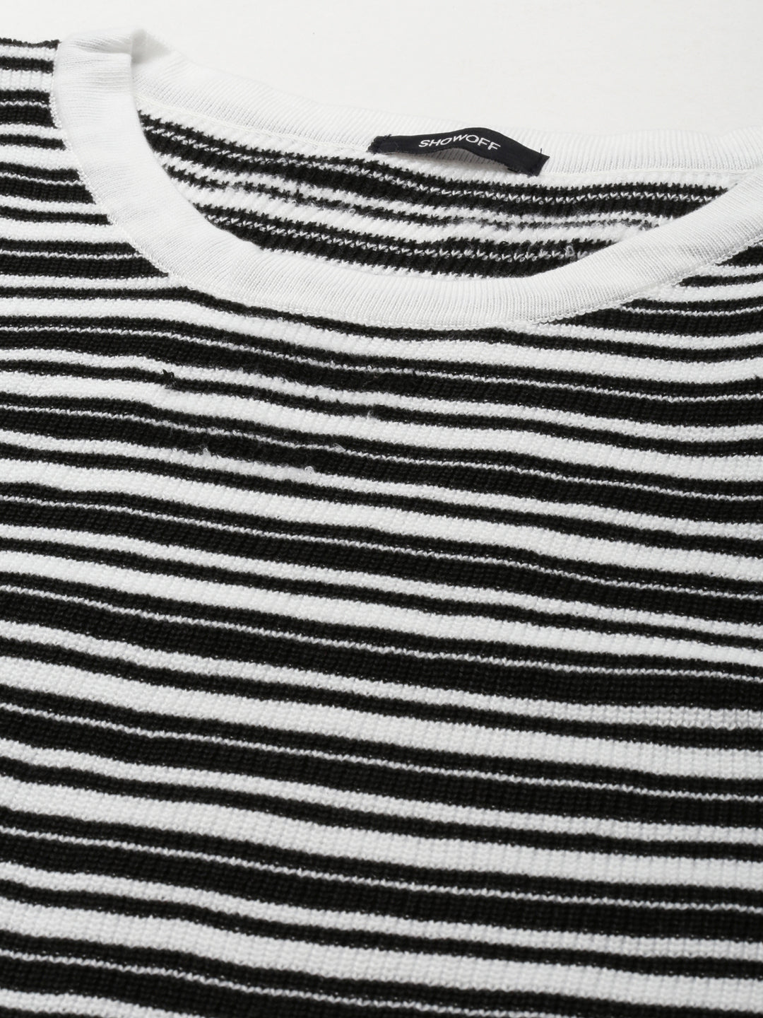 Women's Round Neck Striped Regular Sleeves Fitted White Crop Top