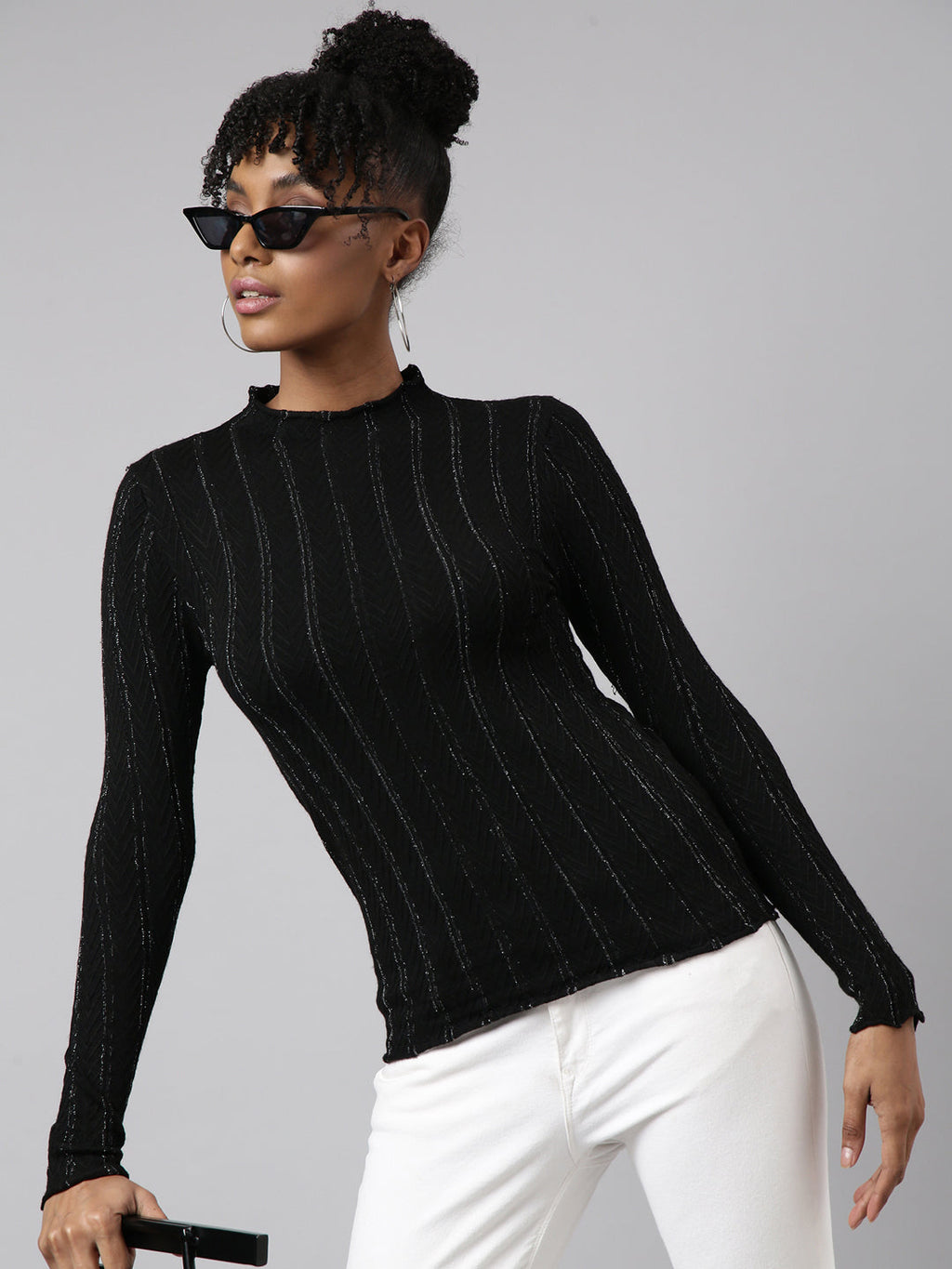 Women's Black Self Design High Neck Fitted Top