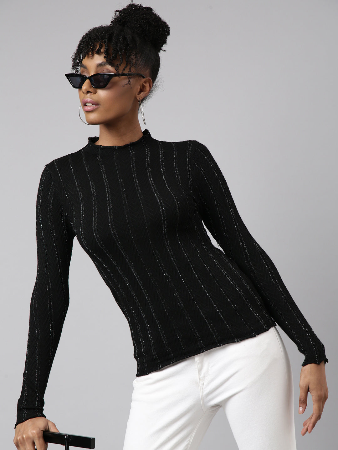 Women's Black Self Design High Neck Fitted Top