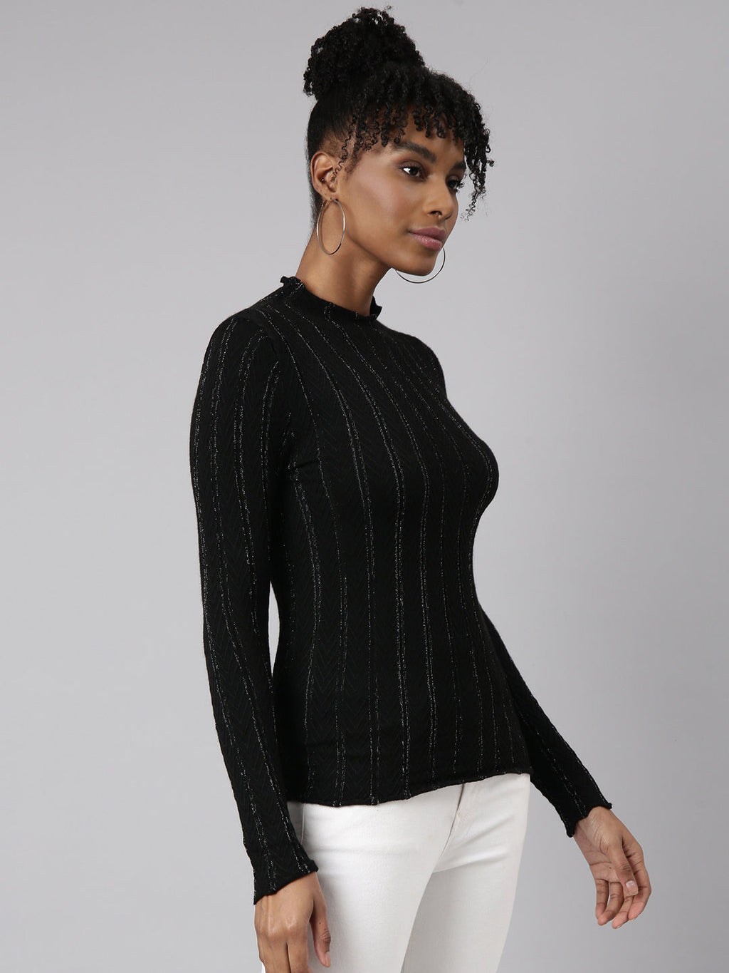 Women's Black Self Design High Neck Fitted Top