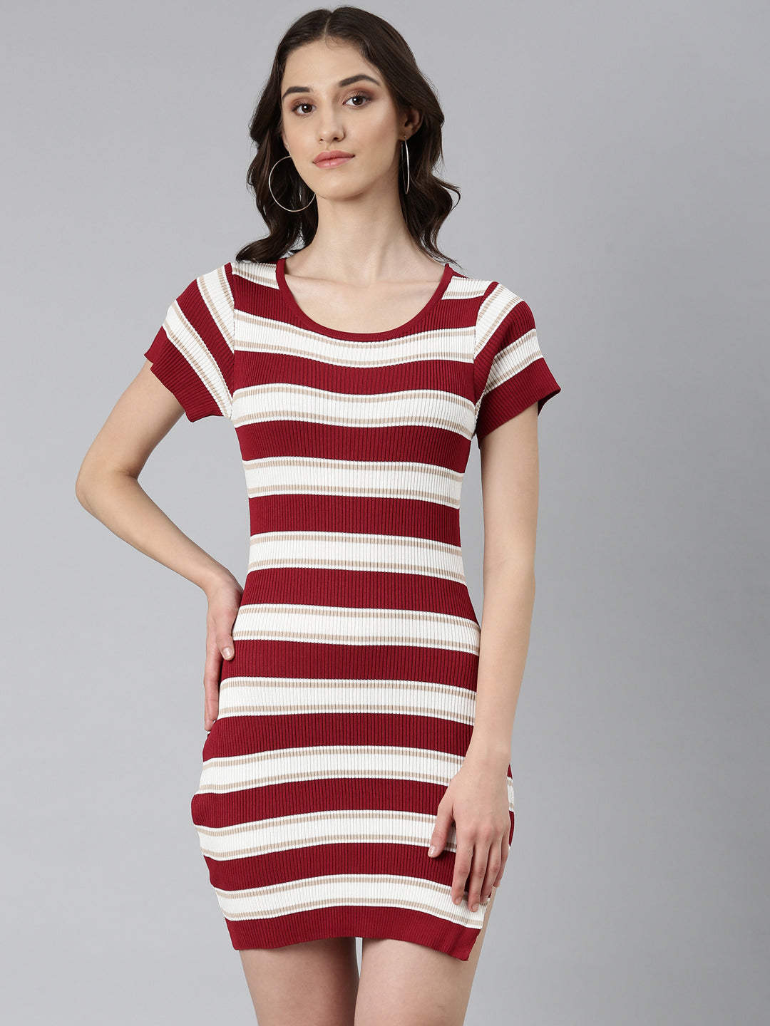 Women's Maroon Striped Bodycon Dress