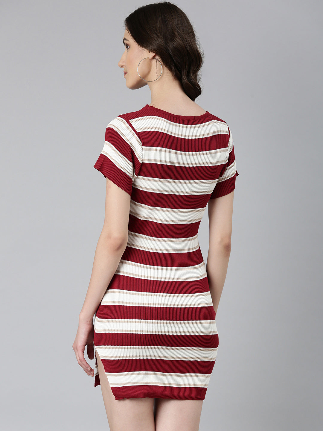Women's Maroon Striped Bodycon Dress