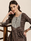 Women's Taupe Geometric Printed Thread Work Anarkali Kurta