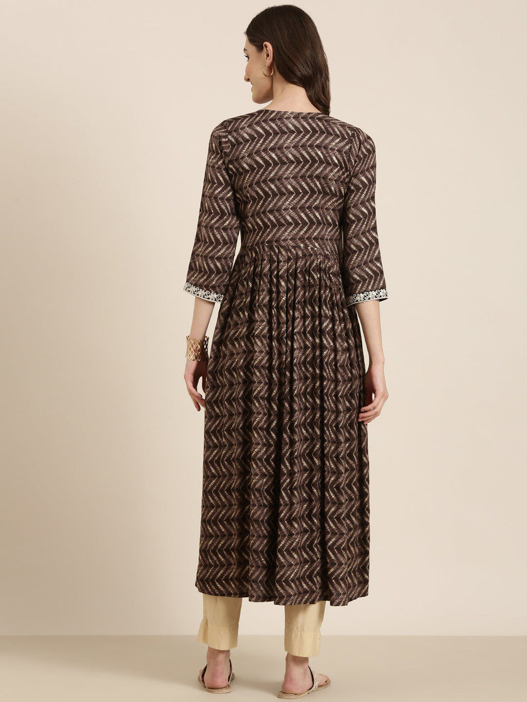 Women's Taupe Geometric Printed Thread Work Anarkali Kurta