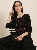 Women's Black Abstract Printed Embroidered Cotton A-Line Kurta