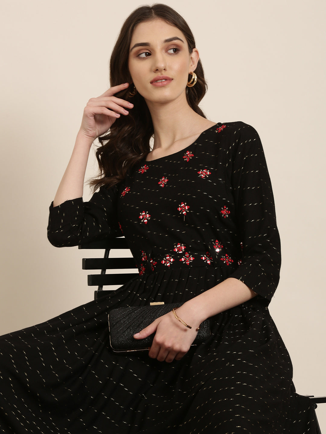 Women's Black Abstract Printed Embroidered Cotton A-Line Kurta