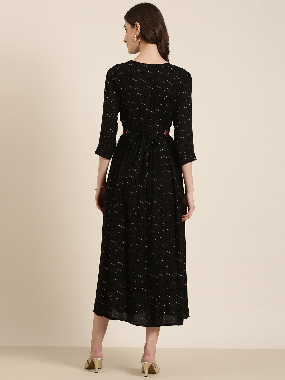 Women's Black Abstract Printed Embroidered Cotton A-Line Kurta