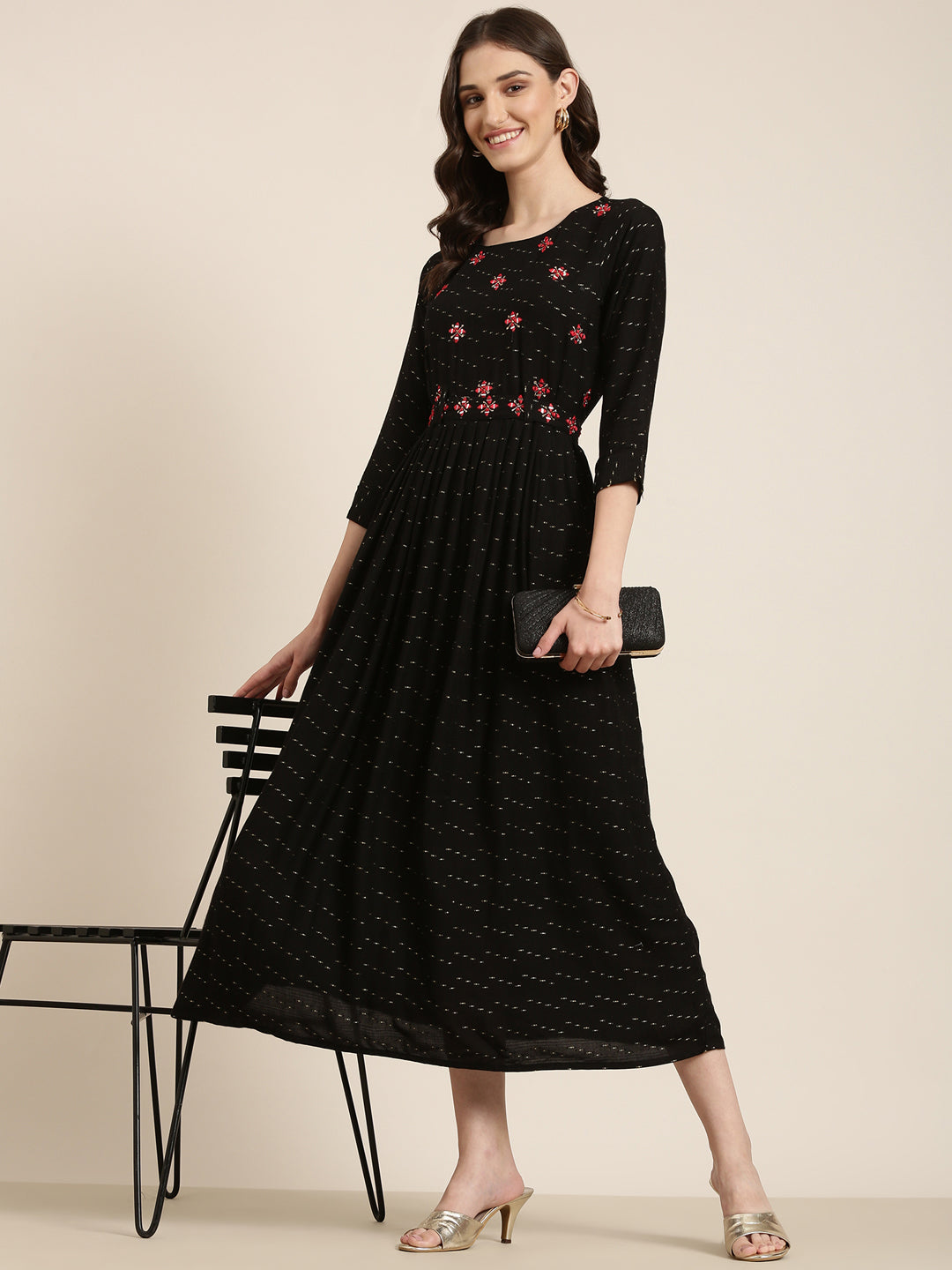 Women's Black Abstract Printed Embroidered Cotton A-Line Kurta