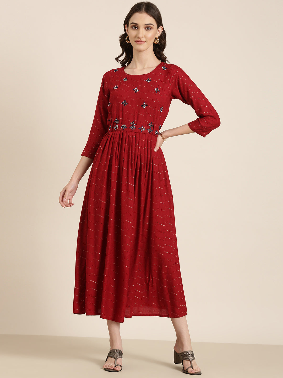 Women's Maroon Floral Embroidered Cotton Fit & Flare Kurta