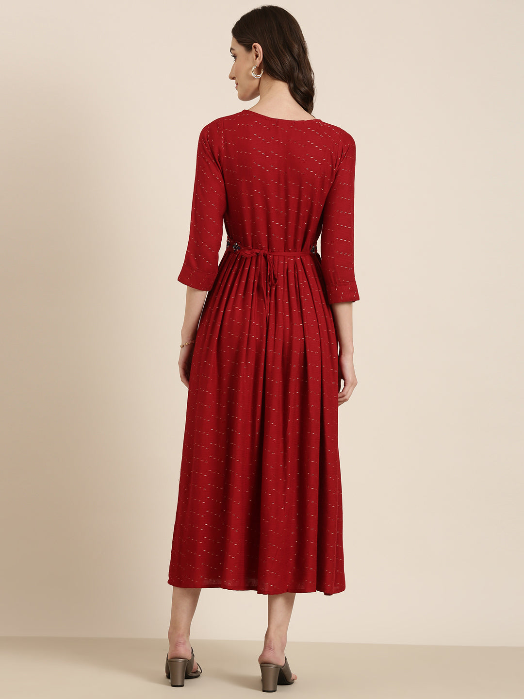 Women's Maroon Floral Embroidered Cotton Fit & Flare Kurta