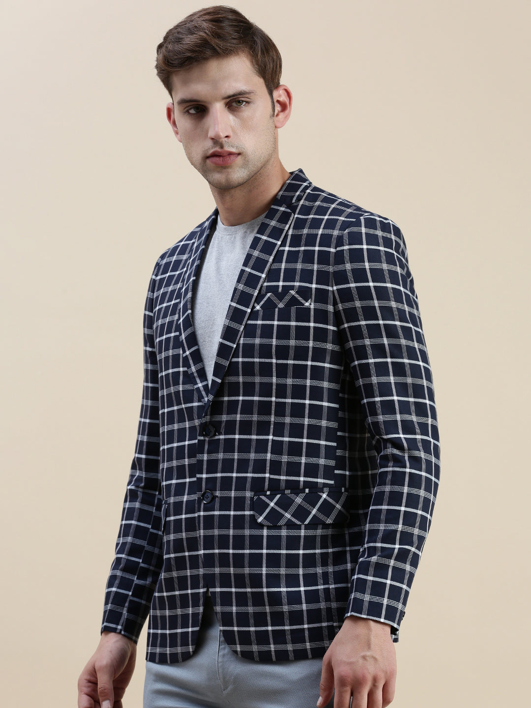 Men's Navy Blue Checked Slim-Fit Single Breasted Casual Blazers