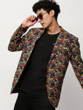Men's Black Abstract Printed Slim Fit Single-Breasted Cotton Blazer