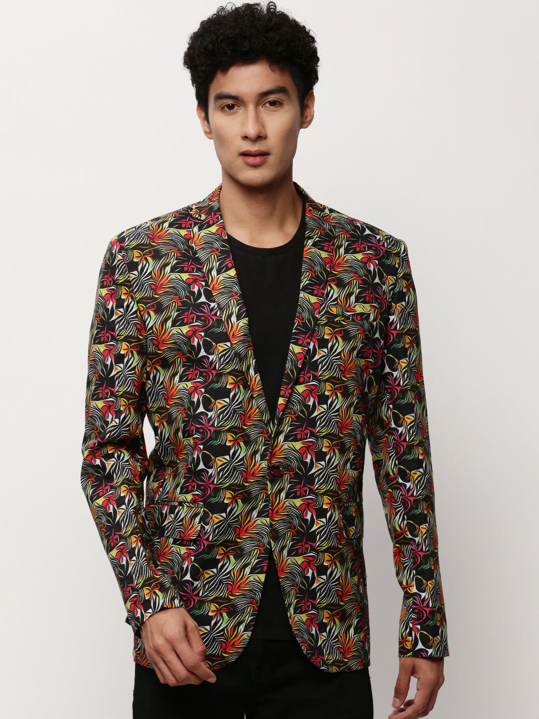 Men's Black Abstract Printed Slim Fit Single-Breasted Cotton Blazer