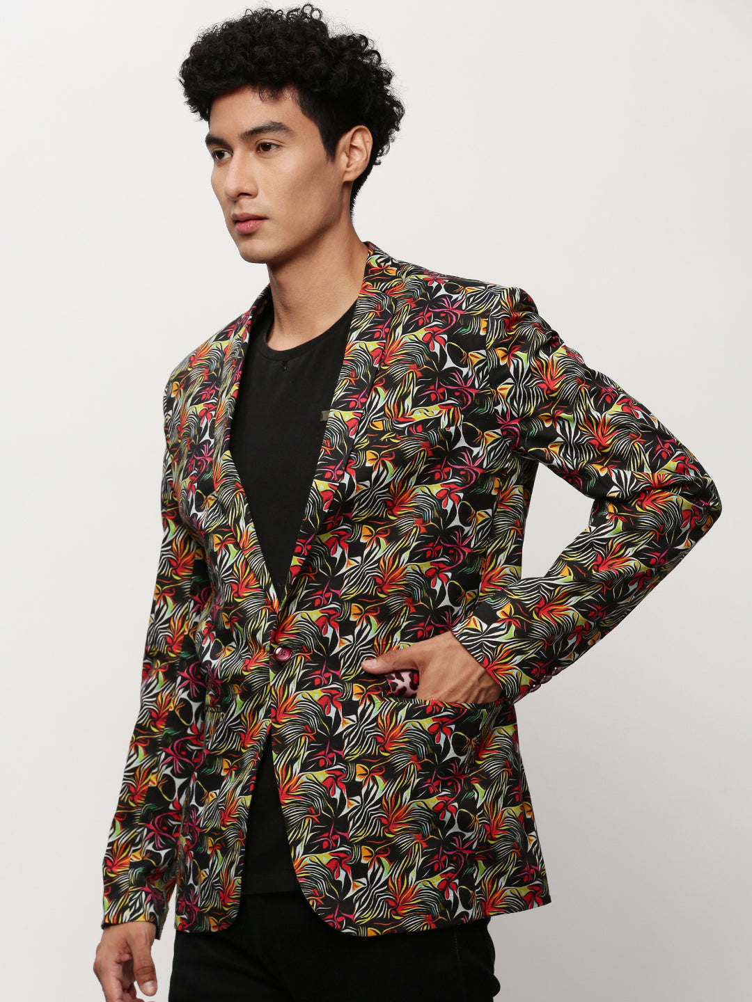 Men's Black Abstract Printed Slim Fit Single-Breasted Cotton Blazer