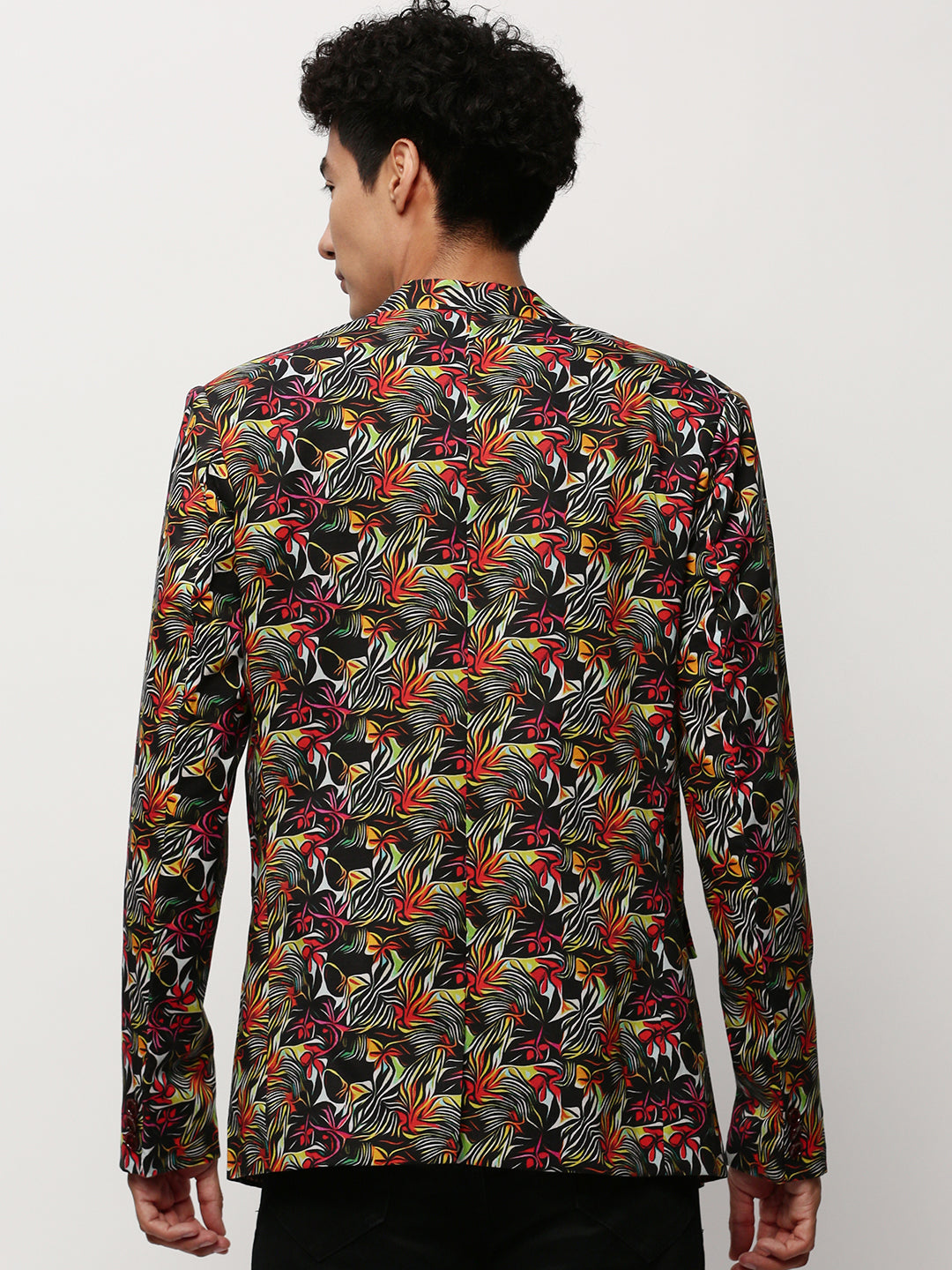 Men's Black Abstract Printed Slim Fit Single-Breasted Cotton Blazer