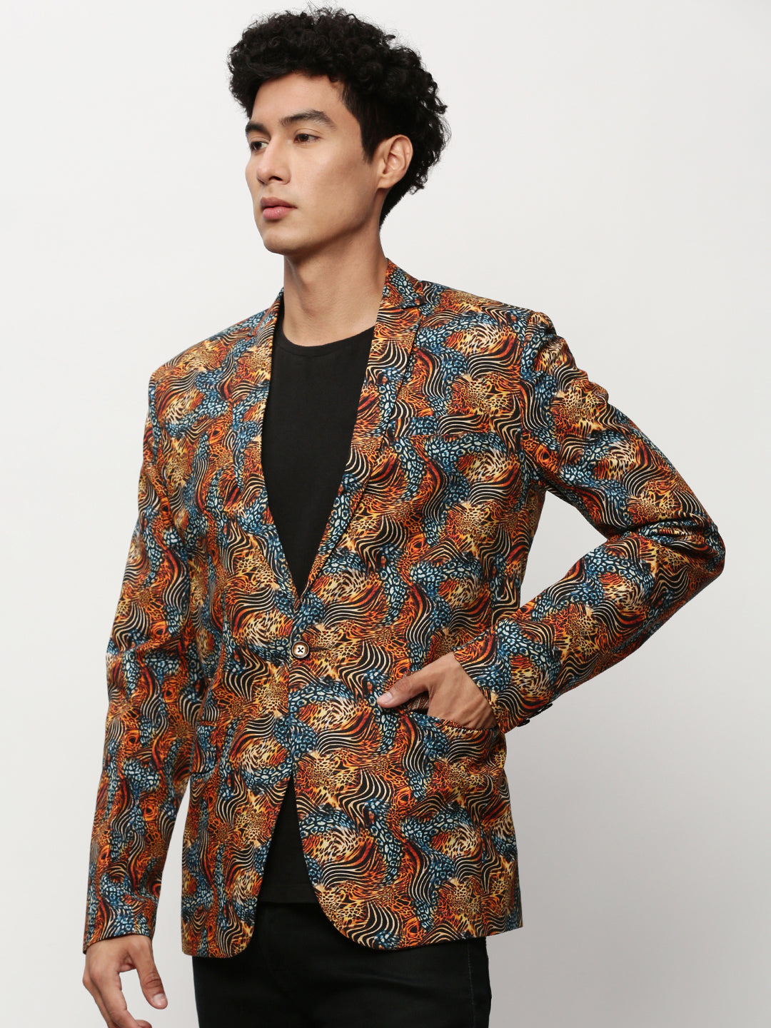Men's Orange Animal Printed Slim-Fit Notched Lapel Collar Single Cotton Breasted Blazer