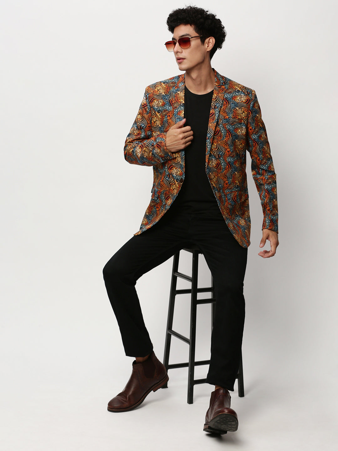 Men's Orange Animal Printed Slim-Fit Notched Lapel Collar Single Cotton Breasted Blazer