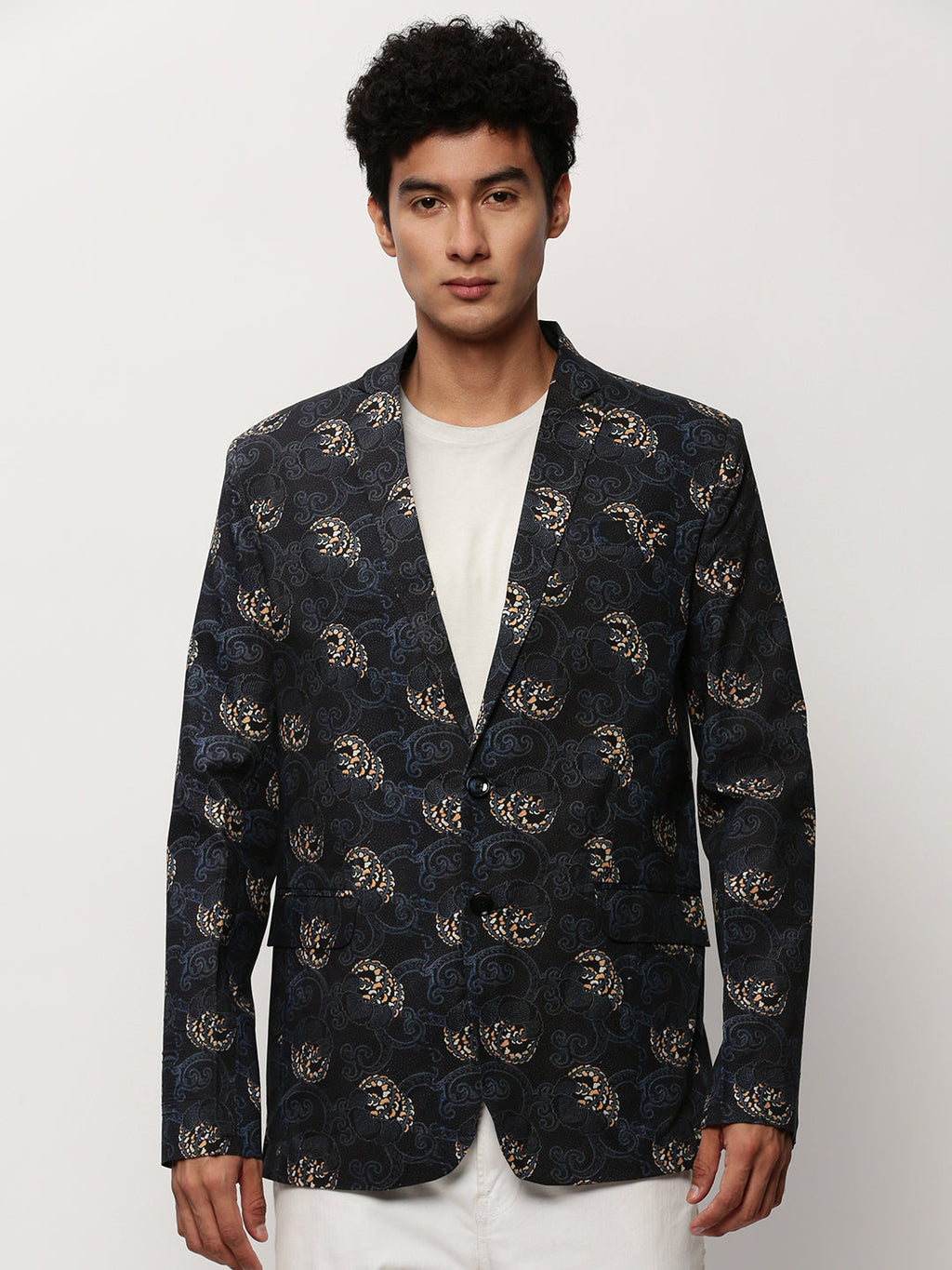 Men's Black Printed Notched Lapel Single Breasted Blazer