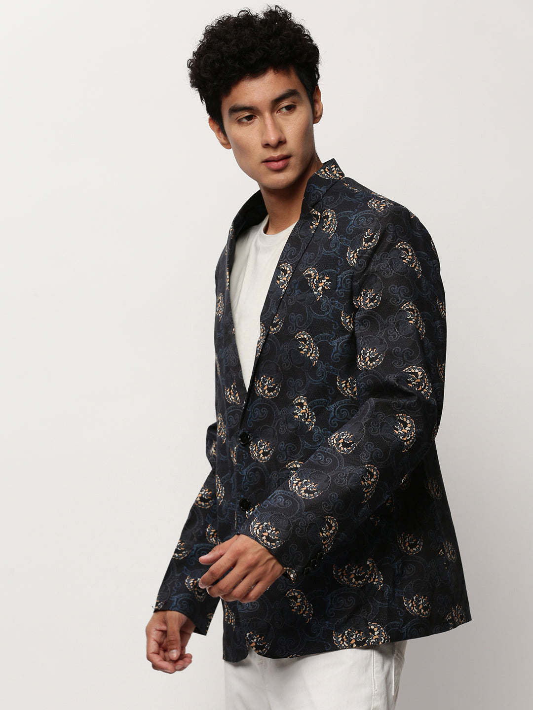 Men's Black Printed Notched Lapel Single Breasted Blazer
