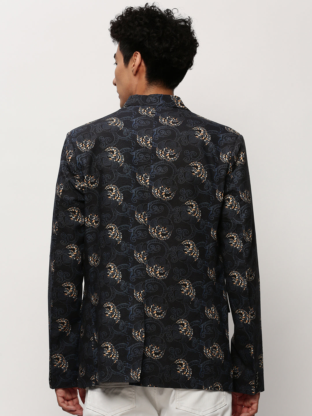 Men's Black Printed Notched Lapel Single Breasted Blazer
