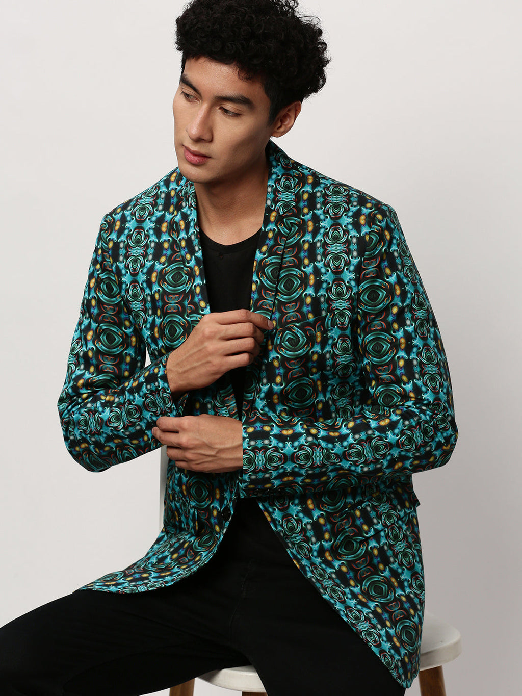Men's Turquoise Blue Printed Slim-Fit Cotton Single Breasted Blazer