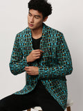 Men's Turquoise Blue Printed Slim-Fit Cotton Single Breasted Blazer