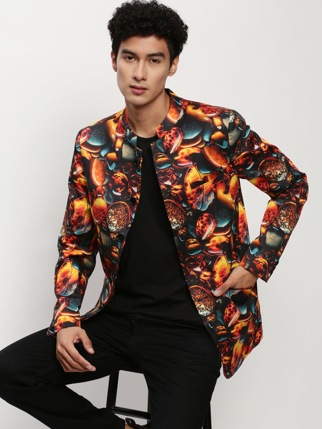 Men's Orange Printed Slim-Fit Cotton Bandhgala Blazer