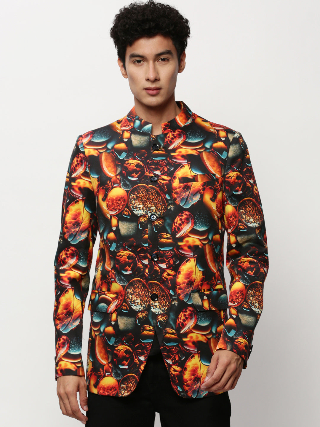 Men's Orange Printed Slim-Fit Cotton Bandhgala Blazer