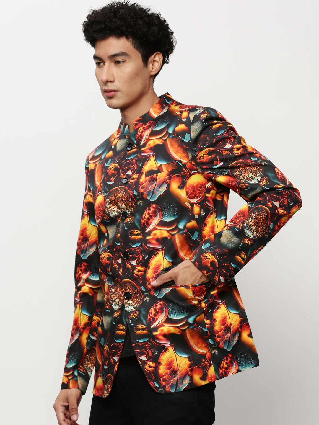 Men's Orange Printed Slim-Fit Cotton Bandhgala Blazer