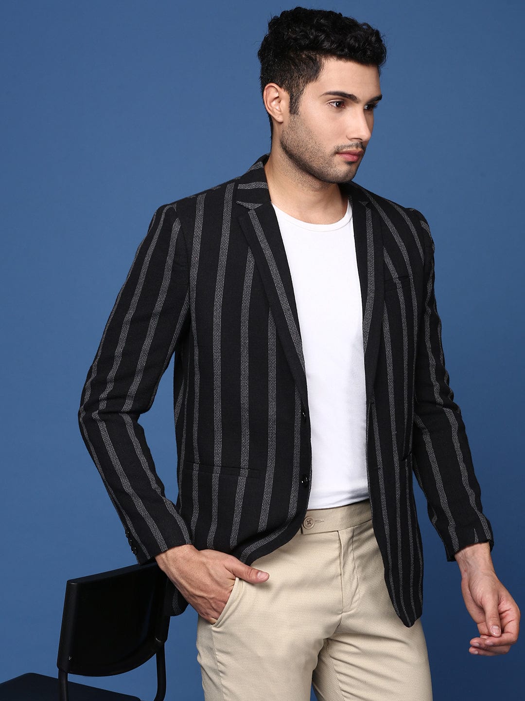 Men's Black Striped Single Breasted Slim Fit Blazer