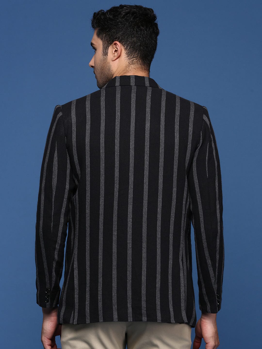Men's Black Striped Single Breasted Slim Fit Blazer