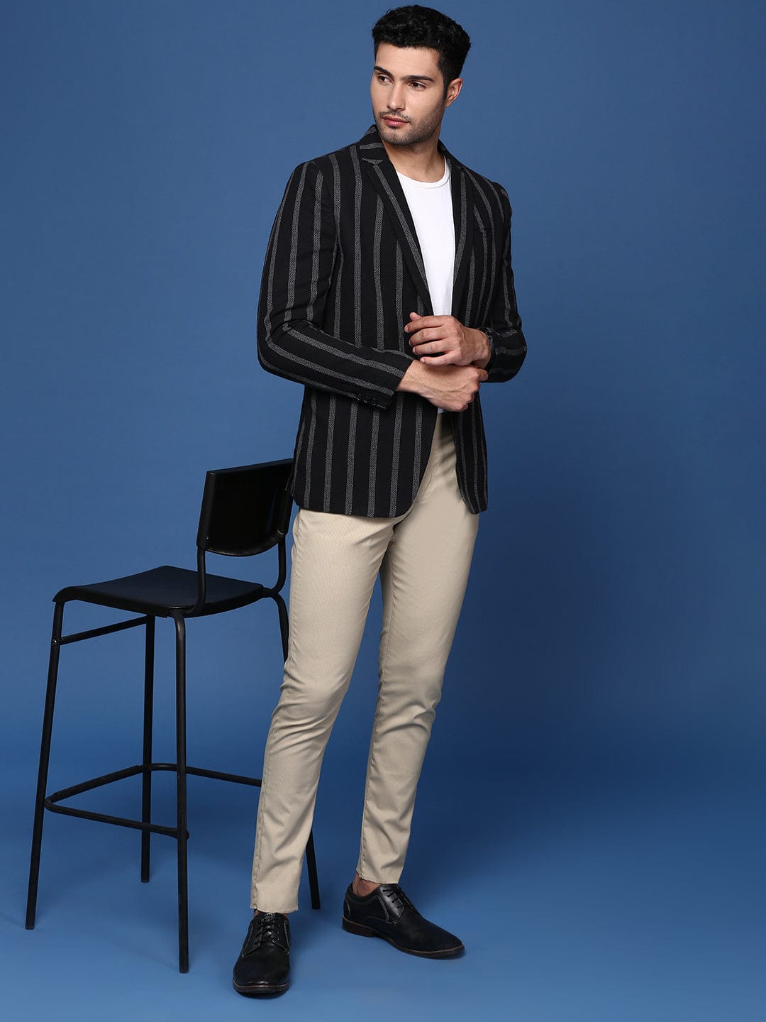 Men's Black Striped Single Breasted Slim Fit Blazer