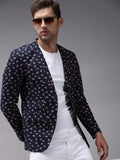 Men's Navy Blue Printed Single-Breasted Blazer