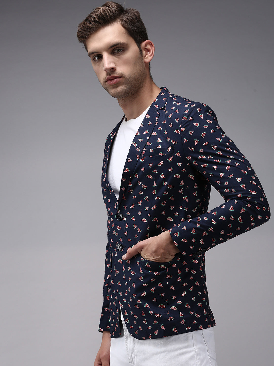 Men's Navy Blue Printed Single-Breasted Blazer