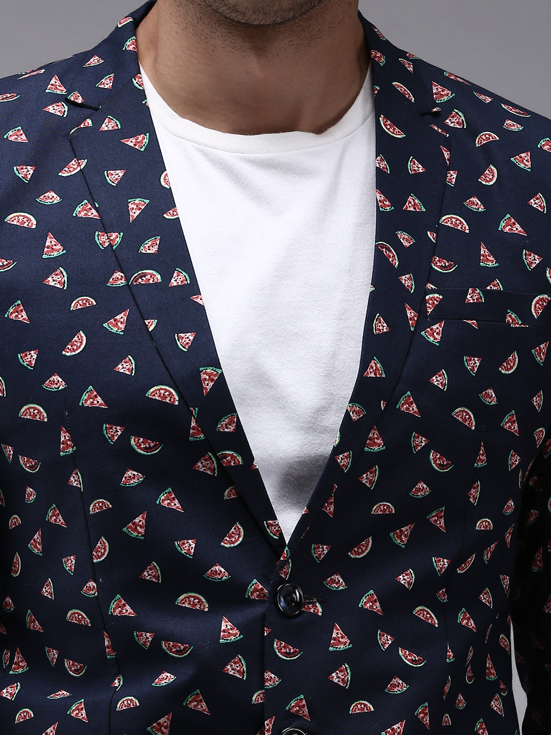 Men's Navy Blue Printed Single-Breasted Blazer