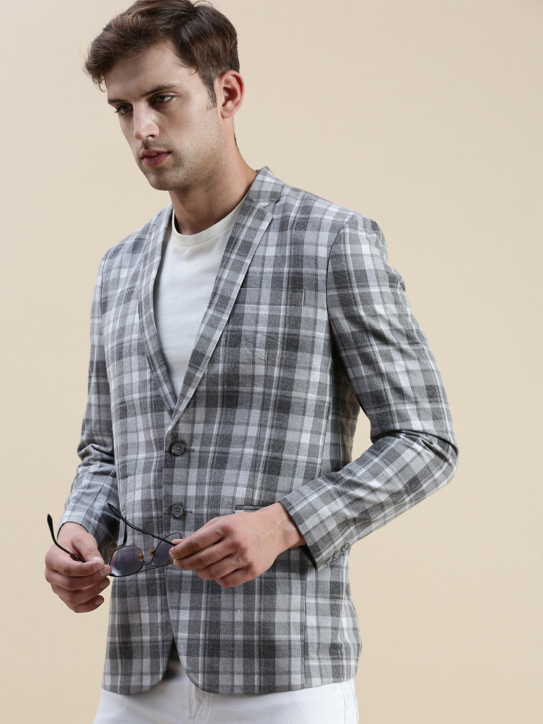 Men's Grey Checked Notched Lapel Collar Single-Breasted Blazer