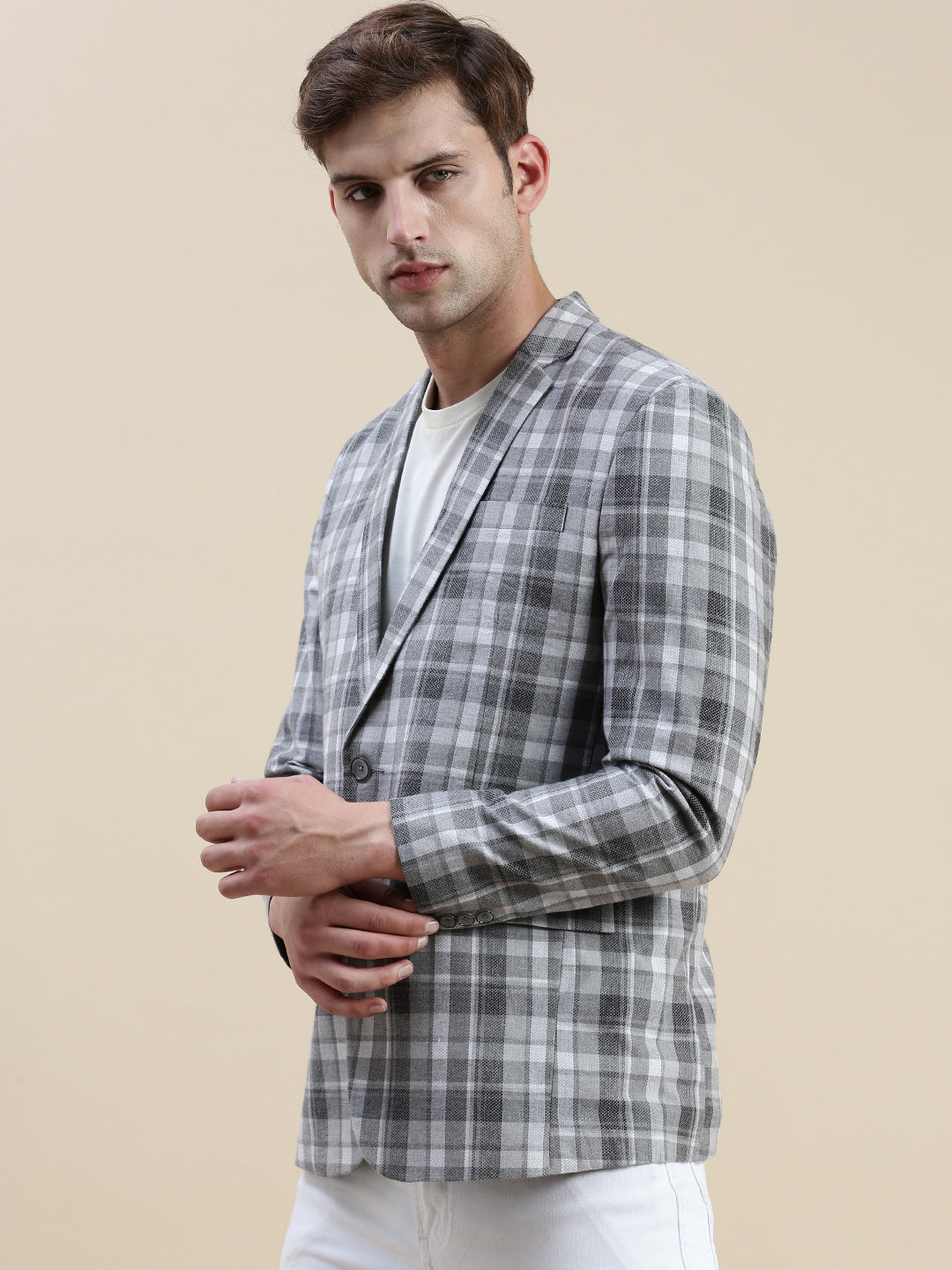 Men's Grey Checked Notched Lapel Collar Single-Breasted Blazer