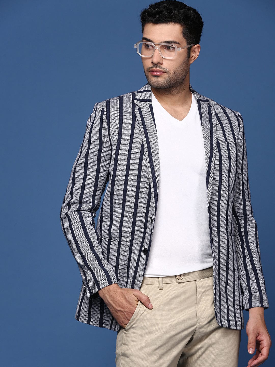 Men's Navy Blue Striped Notched Lapel Slim Fit Single Breasted Blazers