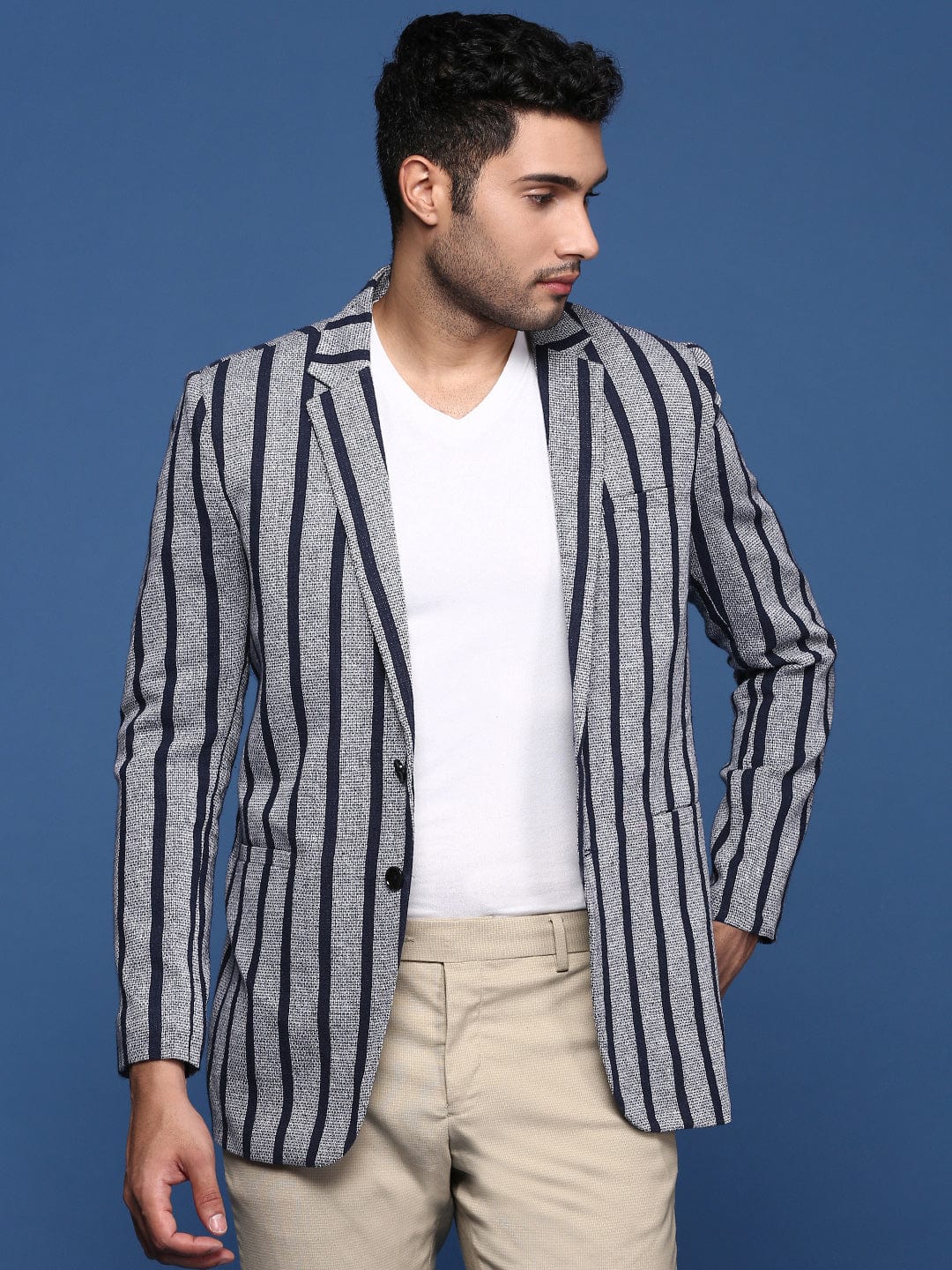 Men's Navy Blue Striped Notched Lapel Slim Fit Single Breasted Blazers