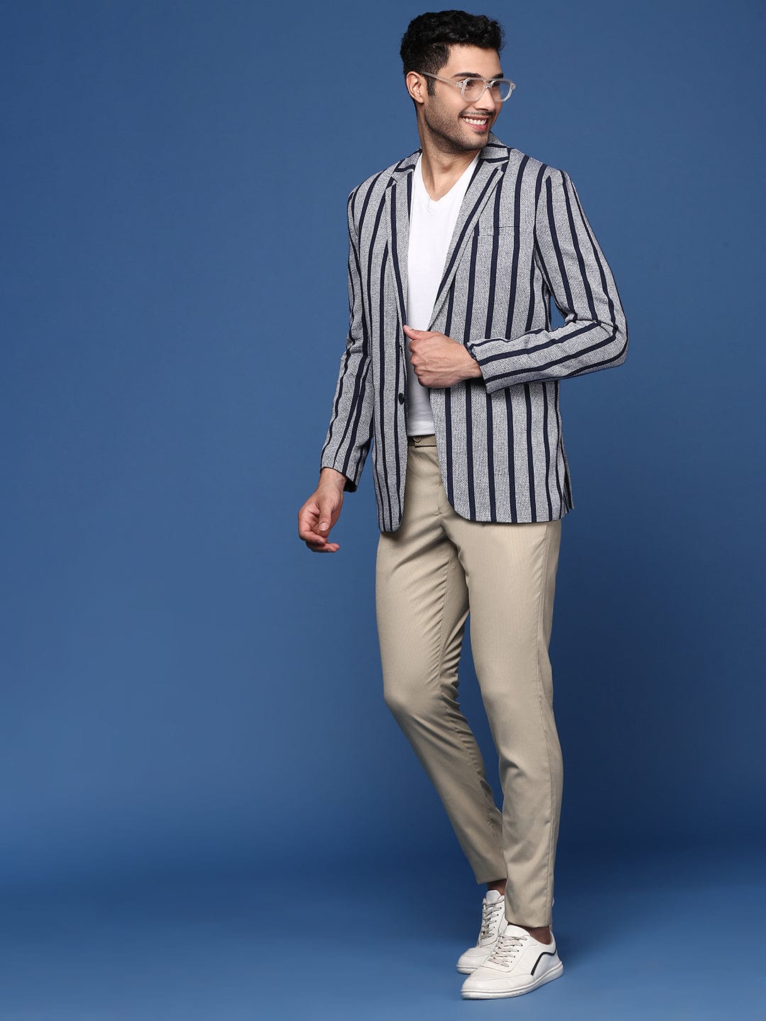 Men's Navy Blue Striped Notched Lapel Slim Fit Single Breasted Blazers