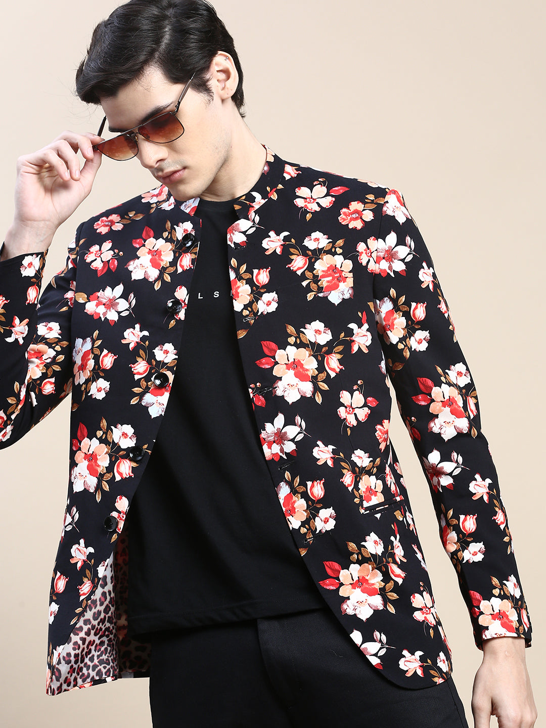 Men's Black Floral Printed Slim-Fit Cotton Bandhgala Blazer